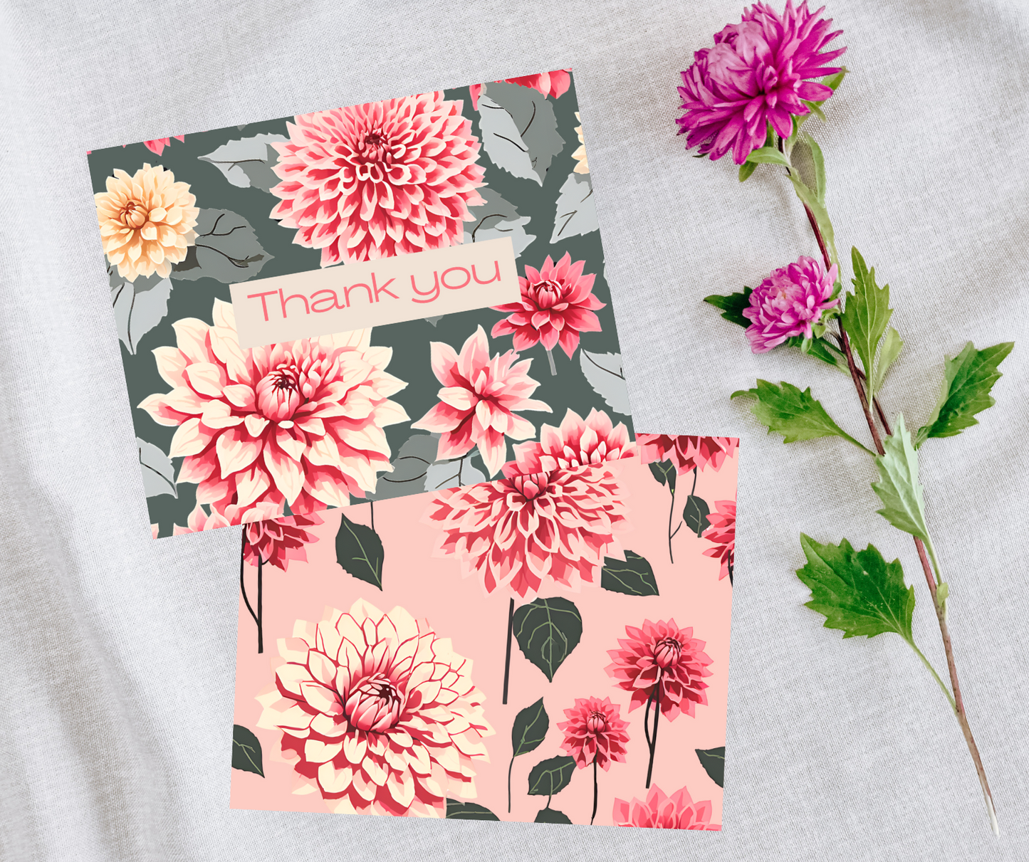 10 Bold Pink Dahlia Thank You Card Set – 5 Unique Foldable Designs with Envelopes - Free Shipping - Blank - Homemade