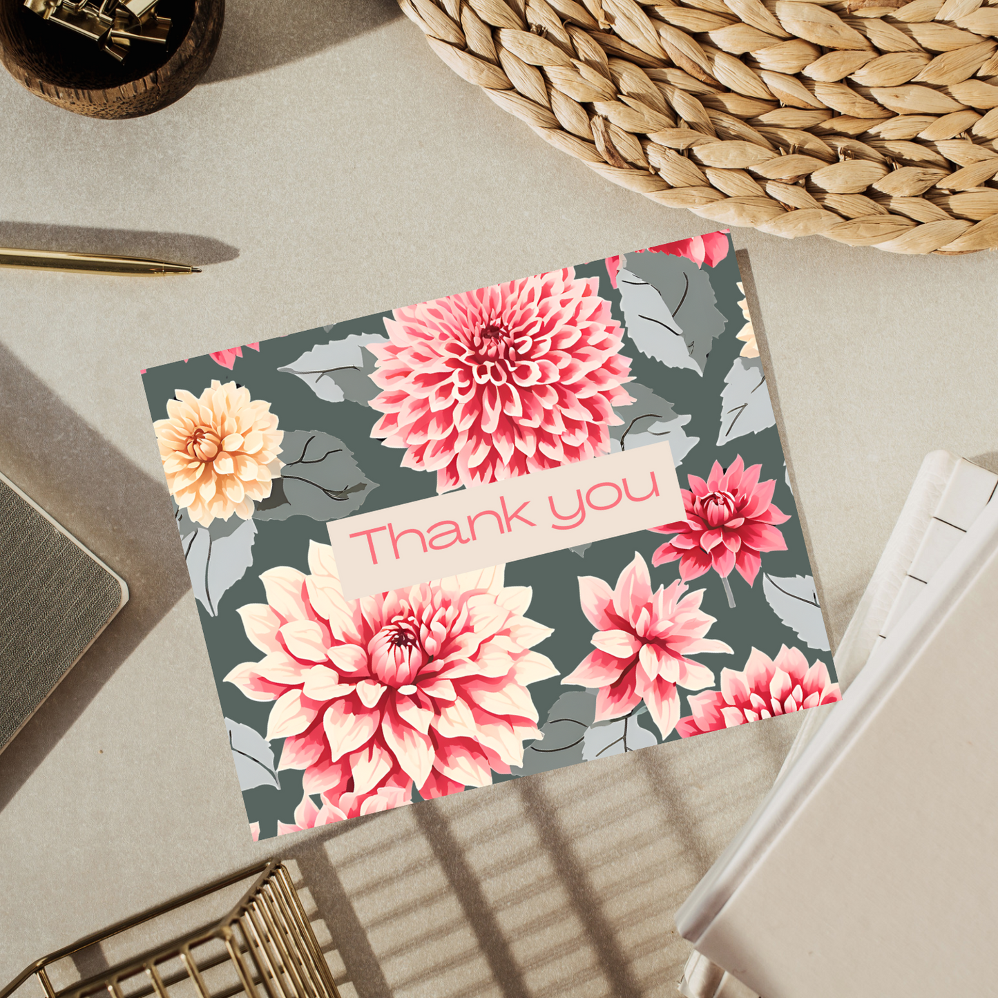 10 Bold Pink Dahlia Thank You Card Set – 5 Unique Foldable Designs with Envelopes - Free Shipping - Blank - Homemade