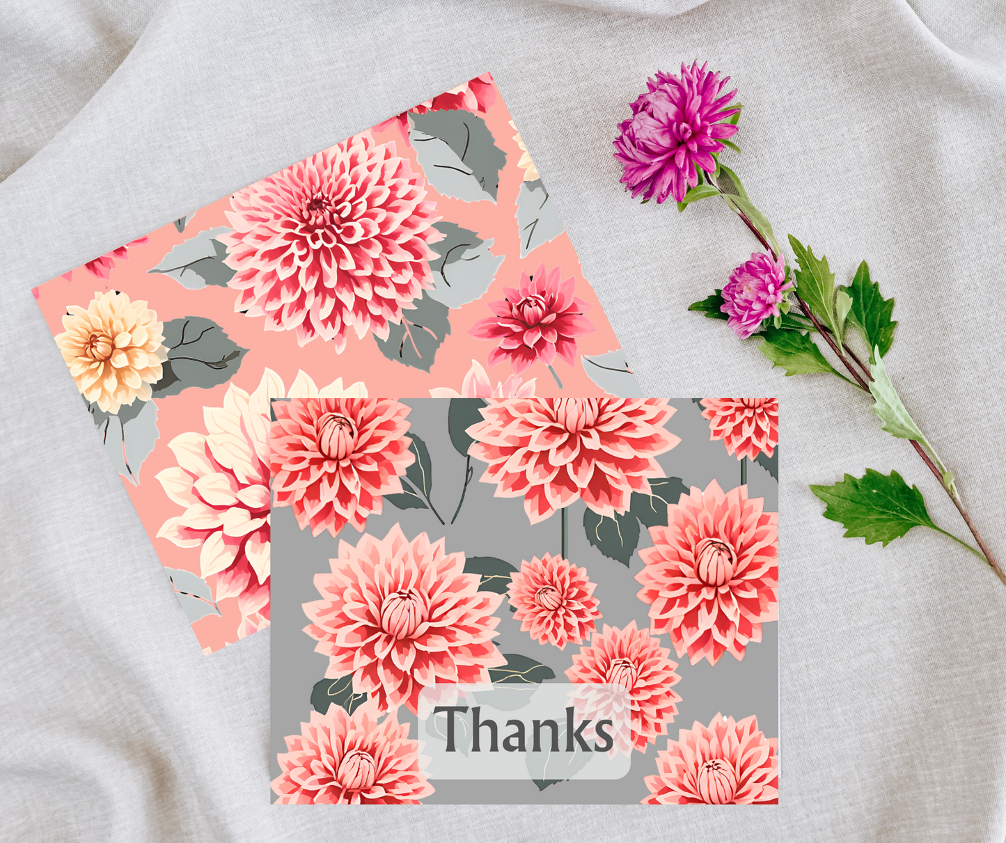 10 Bold Pink Dahlia Thank You Card Set – 5 Unique Foldable Designs with Envelopes - Free Shipping - Blank - Homemade