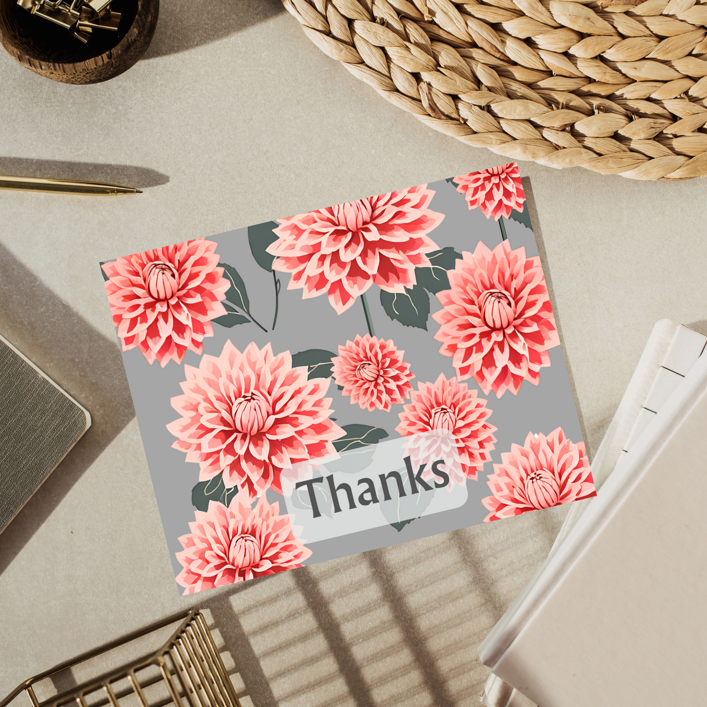 10 Bold Pink Dahlia Thank You Card Set – 5 Unique Foldable Designs with Envelopes - Free Shipping - Blank - Homemade