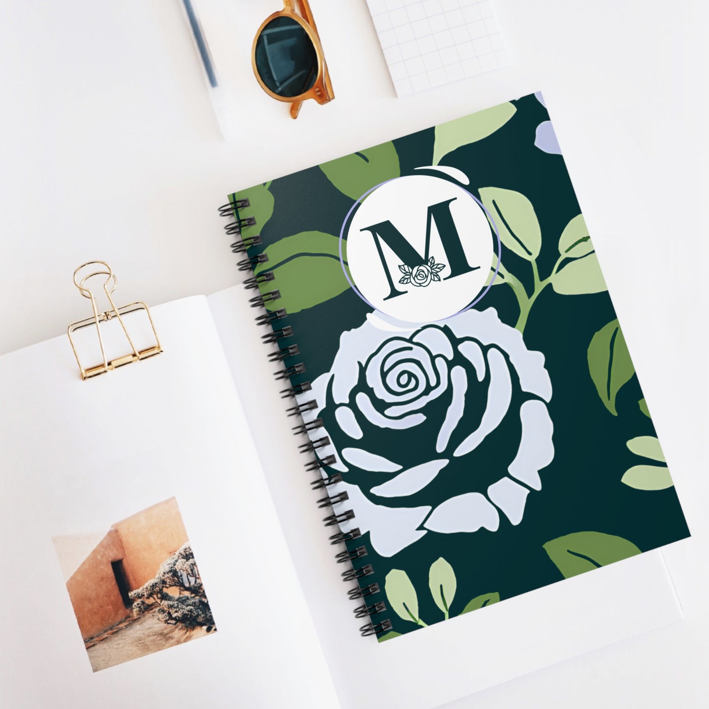 Personalized Blue Roses Notebook - Ruled Line, Monogram Letter Initial, Custom Journal, Floral Notepad, School