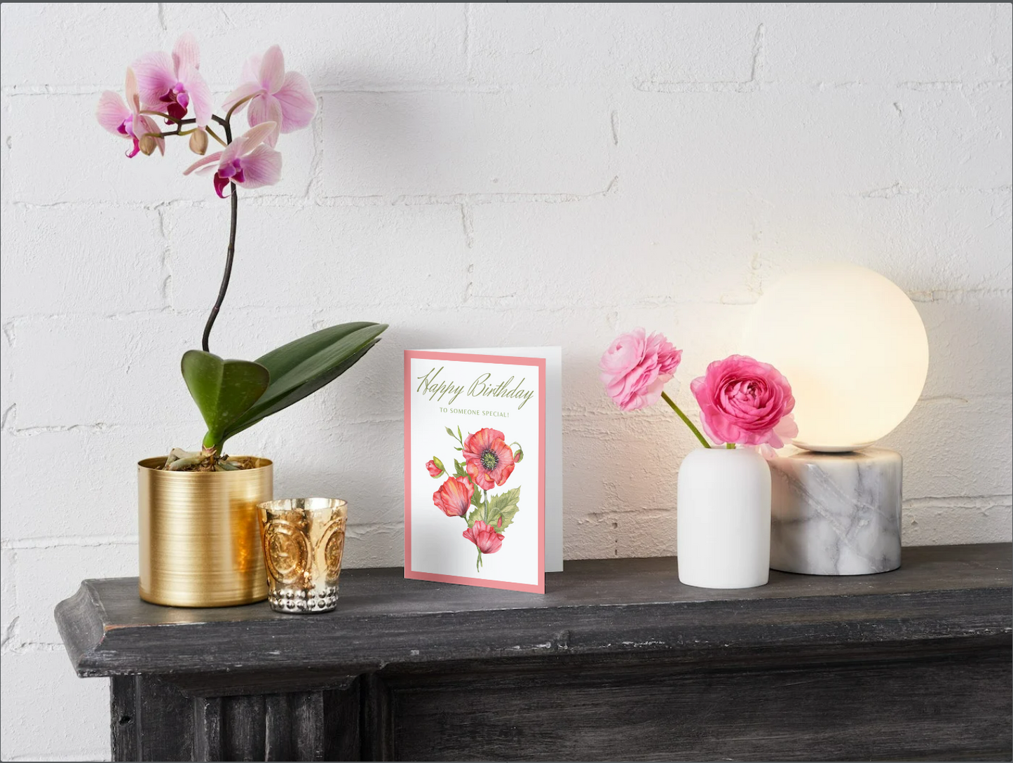 Elegant Floral Happy Birthday Card – Watercolor Poppies, 5x7” with White Envelope