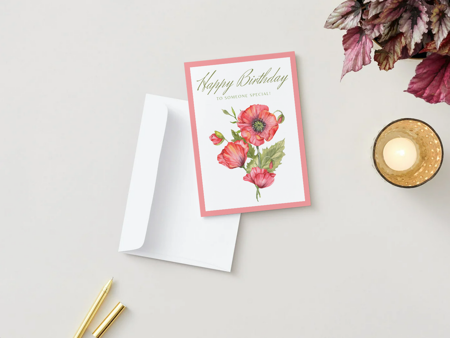 Elegant Floral Happy Birthday Card – Watercolor Poppies, 5x7” with White Envelope