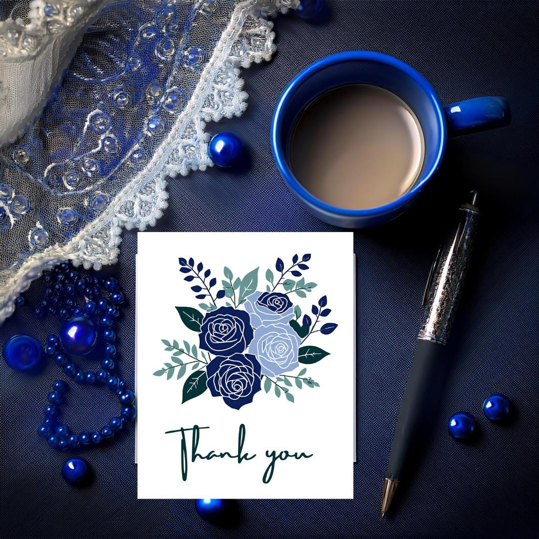 16 Thank you cards - Blue Rose Bouquet - Free Shipping - Blank - Thank you - Homemade