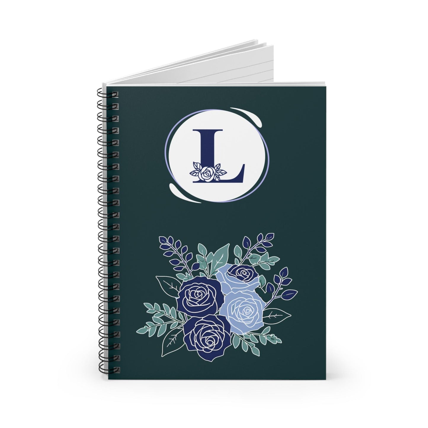 Personalized Blue Roses Spiral Notebook - Ruled Line, Monogram Letter Initial, Rose Accented Design, Custom Journal, Floral Notepad, School
