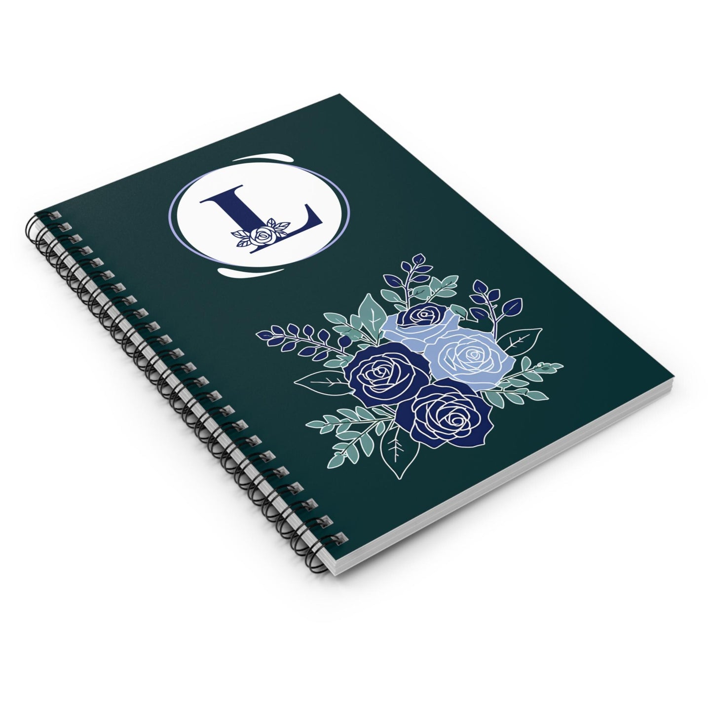 Personalized Blue Roses Spiral Notebook - Ruled Line, Monogram Letter Initial, Rose Accented Design, Custom Journal, Floral Notepad, School