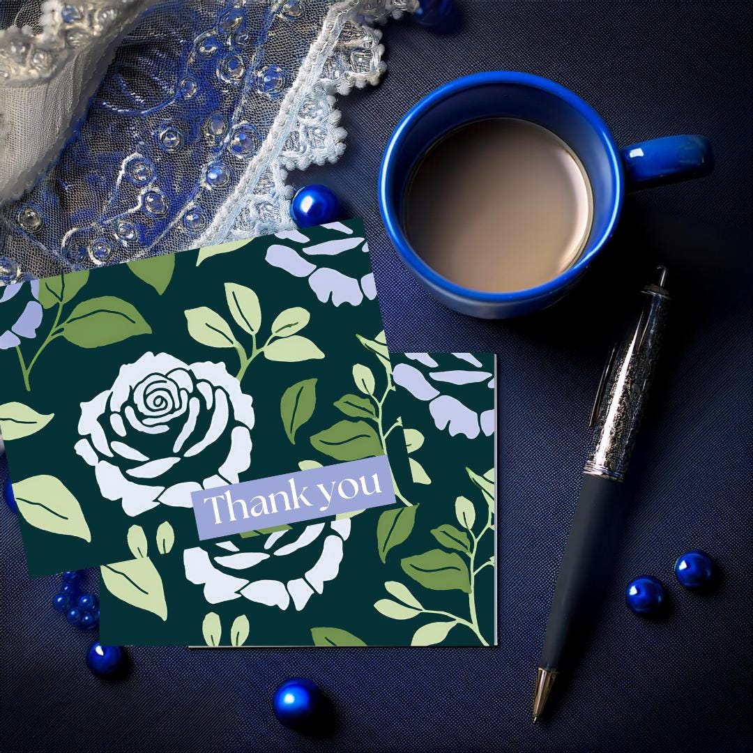 16 Thank you cards - Blue Rose Green Leaves Patterned - Free Shipping - Blank - Thank you - Homemade