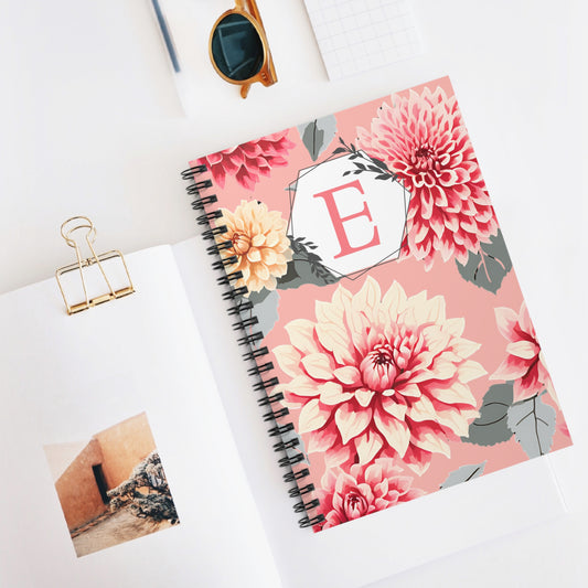 Spiral Notebook - Pink Dahlias Floral Design - Add Initial Customized