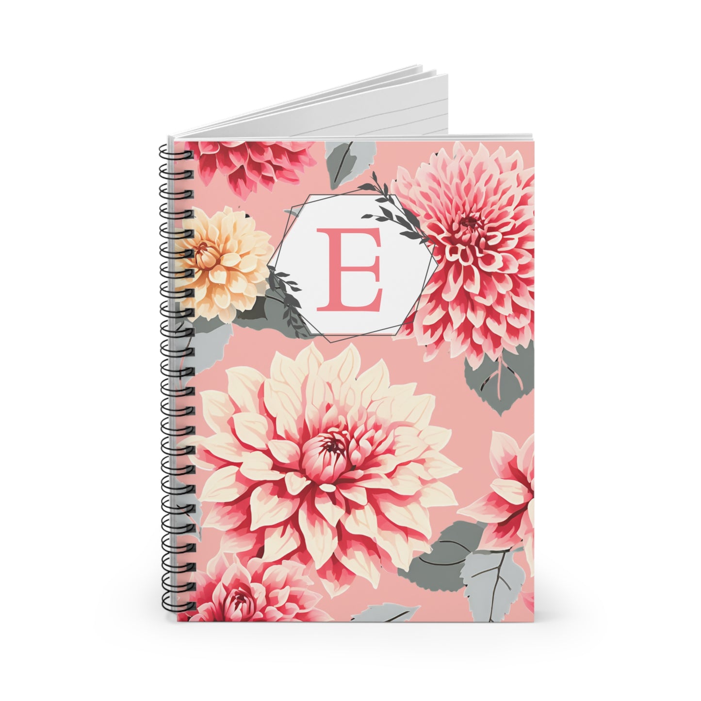 Spiral Notebook - Pink Dahlias Floral Design - Add Initial Customized