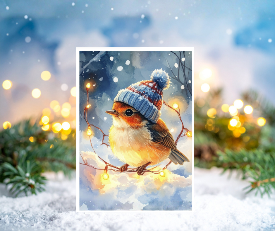 Bird wearing a winter hat on a branch with lights and snow in the background