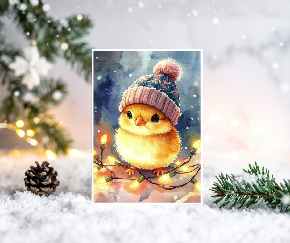 Illustration of a small yellow chick wearing a pink hat with a pom-pom, surrounded by Christmas lights and decorations on a snowy background.