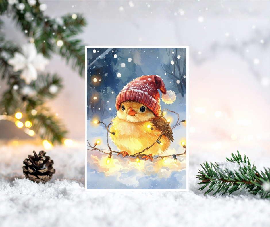 Illustration of a chick in a red hat with fairy lights, surrounded by snow and Christmas decorations.