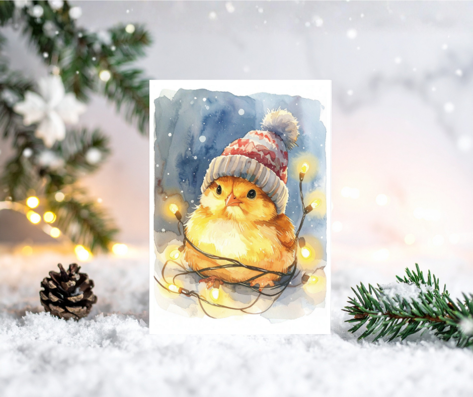Illustration of a chick wearing a winter hat with lights, surrounded by snow and Christmas decorations.