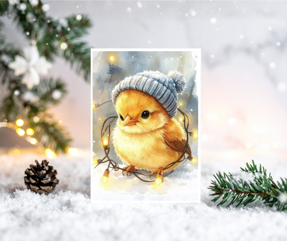 Watercolor chick wearing a winter hat with lights, surrounded by snow and Christmas decorations.