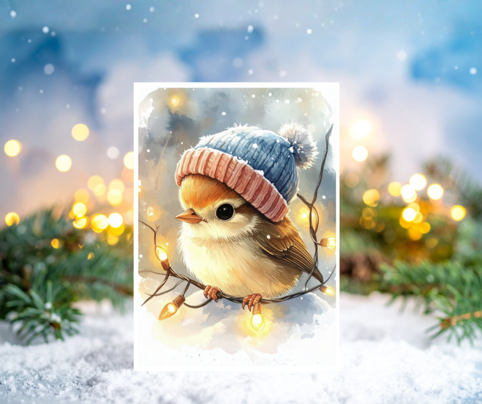 Bird wearing a knitted hat on a branch with lights and snow in the background