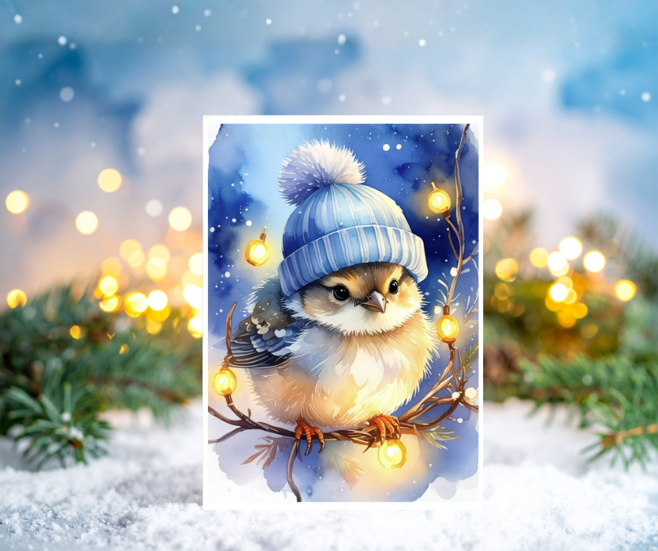 Bird in a blue winter hat on a snowy branch with blurred lights and trees in the background