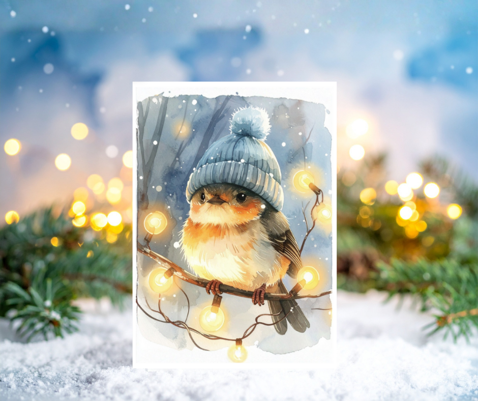 Bird wearing a hat on a branch with a snowy background
