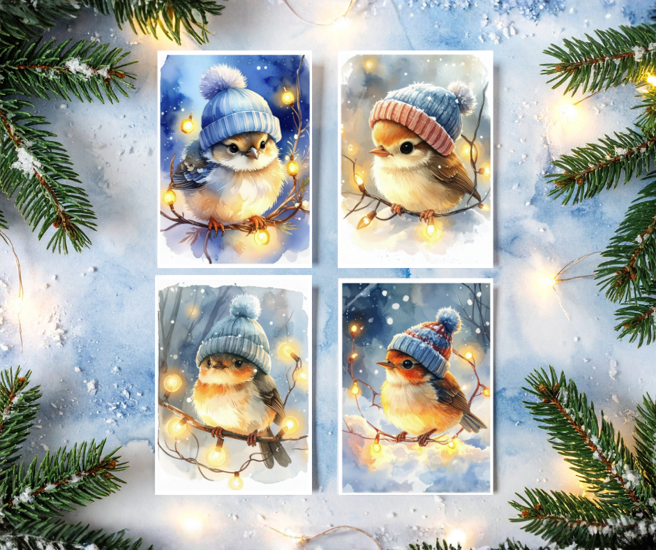Four illustrations of birds wearing knitted hats on a snowy background with lights and branches.