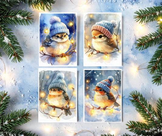 Four illustrations of birds wearing knitted hats on a snowy background with lights and branches.