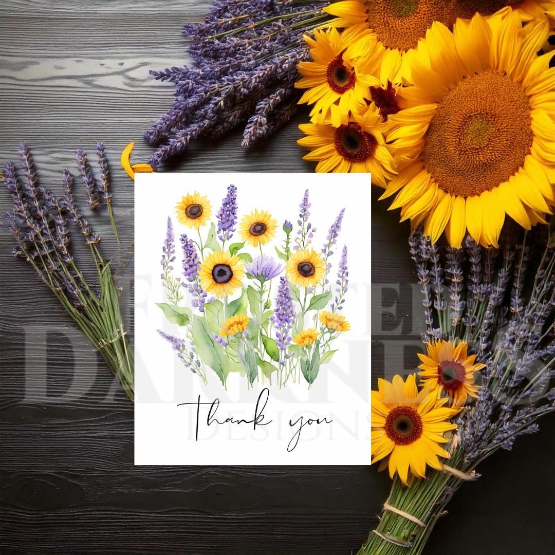 Thank You Cards - Lavender Sunflower Watercolor - Thank You Bouquet