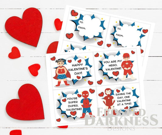 Digital Download - Classic Comic Book Superheroes Valentines cards - Superhero - classroom ready