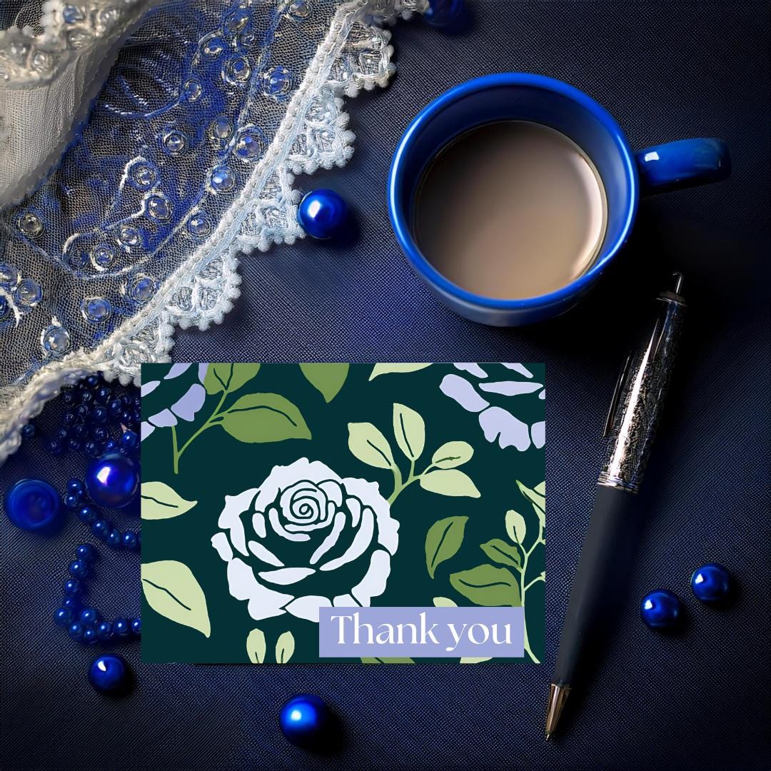 16 Thank you cards - Blue Rose Green Leaves Patterned - Free Shipping - Blank - Thank you - Homemade