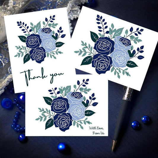 16 Thank you cards - Blue Rose Bouquet - Free Shipping - Blank - Thank you - Homemade