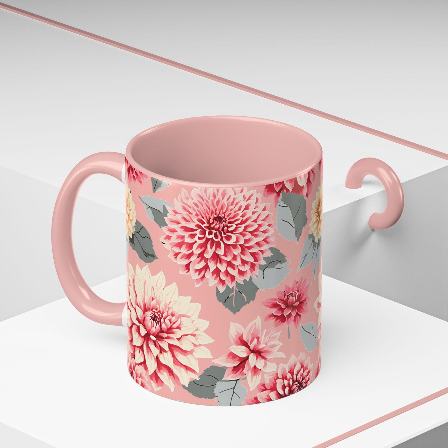 Mug, Pink Dahlias Floral Design, Accent Coffee Cup, 11oz, 15oz, Gift for Her, Mother's Day Gift, Birthday Present, Housewarming Gift, Pink