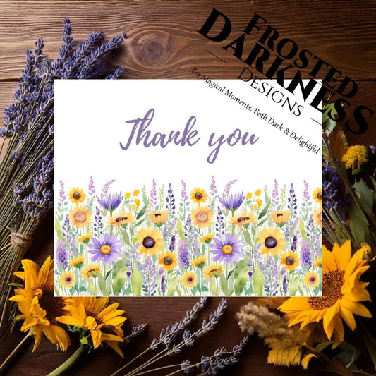 Thank You Cards - Lavender Sunflower Watercolor - Thank You Fields